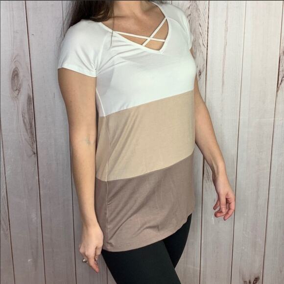 Short sleeve color block tan white medium - Picture 6 of 9